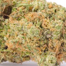 A close up image of LA Kush Cake marijuana on a white background