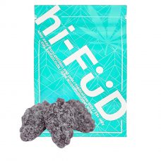 An image of THC hi-FÜD Sour Grape gummies showcasing the packaging and gummies