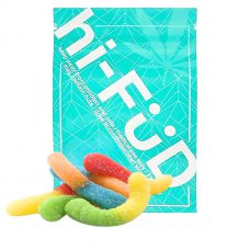 An image of THC hi-FÜD Sour Worm gummies showcasing the packaging and gummies