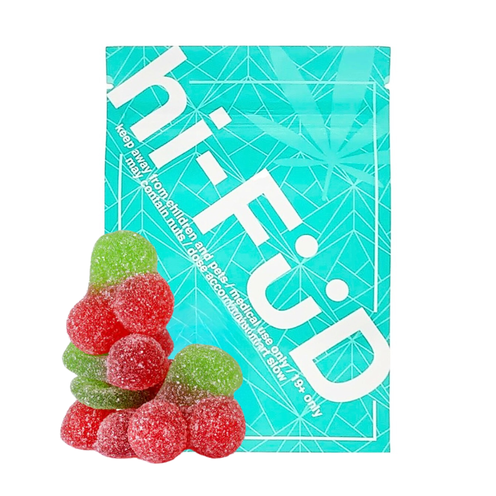 An image of THC hi-FÜD Sour Cherry Gummies showcasing the packaging and gummies