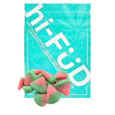 An image of THC hi-FÜD Sour Watermelon gummies showcasing the packaging and gummies