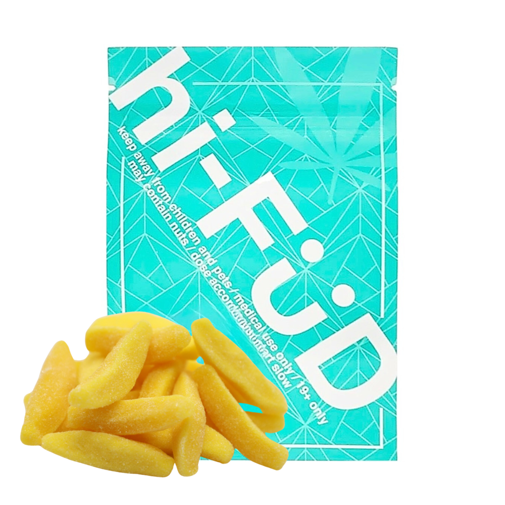 An image of hi-FÜD THC Banana gummies showcasing the packaging and gummies