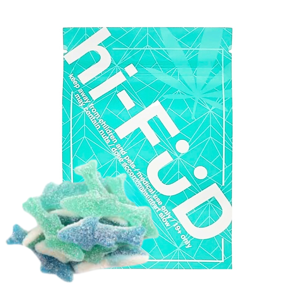 An image of hi-FÜD THC Blue Shark Gummies showcasing the packaging and gummies