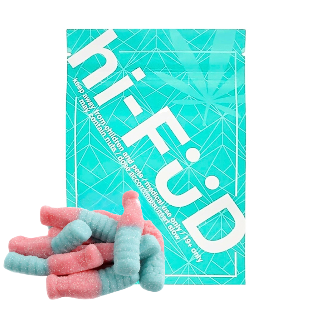 An image of THC hi-FÜD Cream Soda Bottle Gummies showcasing the packaging and gummies