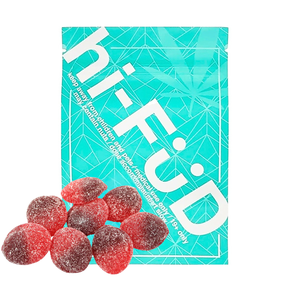 An image of THC hi-FÜD Sour Cherry Gummies showcasing the packaging and gummies