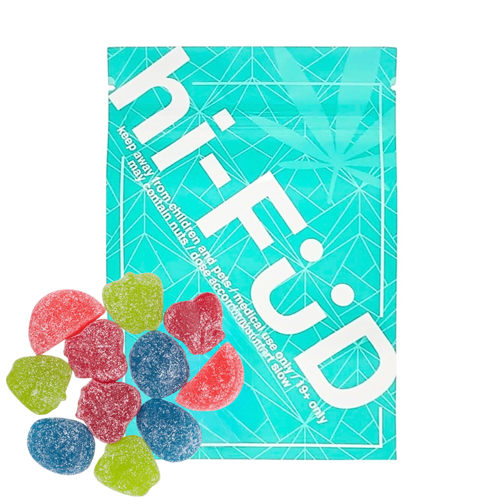 An image of THC hi-FÜD Sour Jolly Rancher Gummies showcasing the packaging and gummies