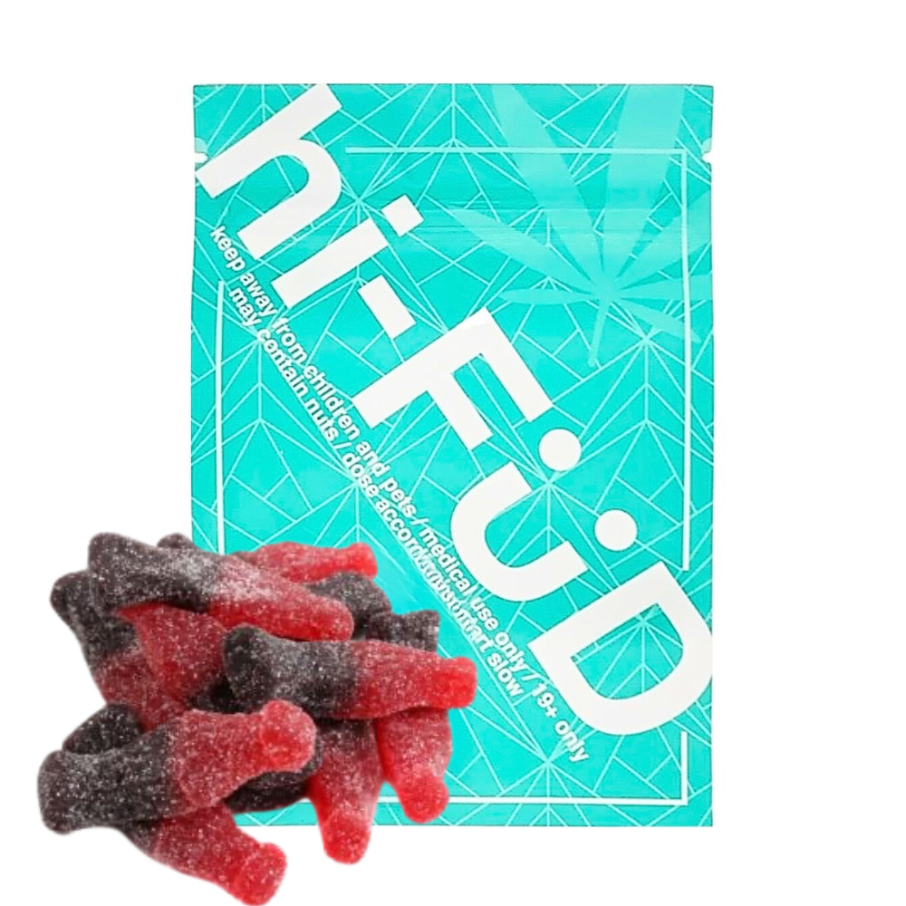 An image of THC hi-FÜD Sour Raspberry Cola Bottle Gummies showcasing the packaging and gummies