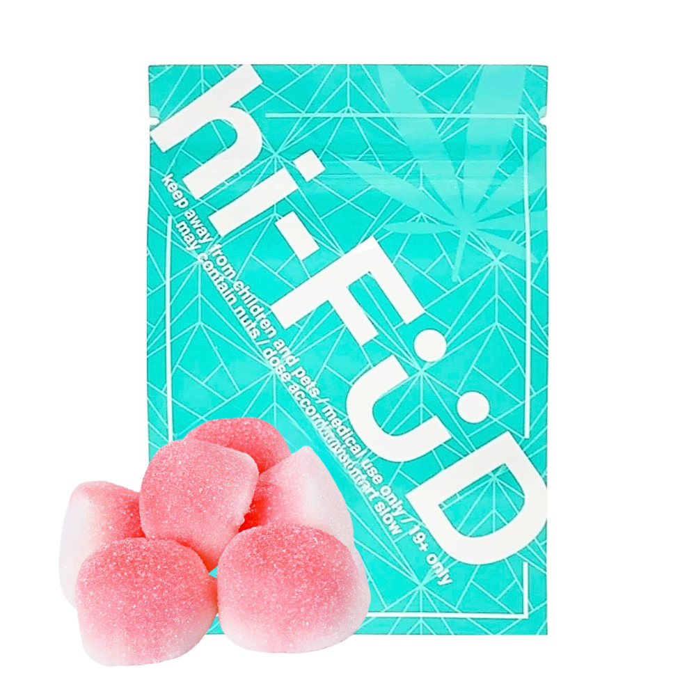 An image of hi-FÜD THC Strawberry Puffs showcasing the packaging and gummies