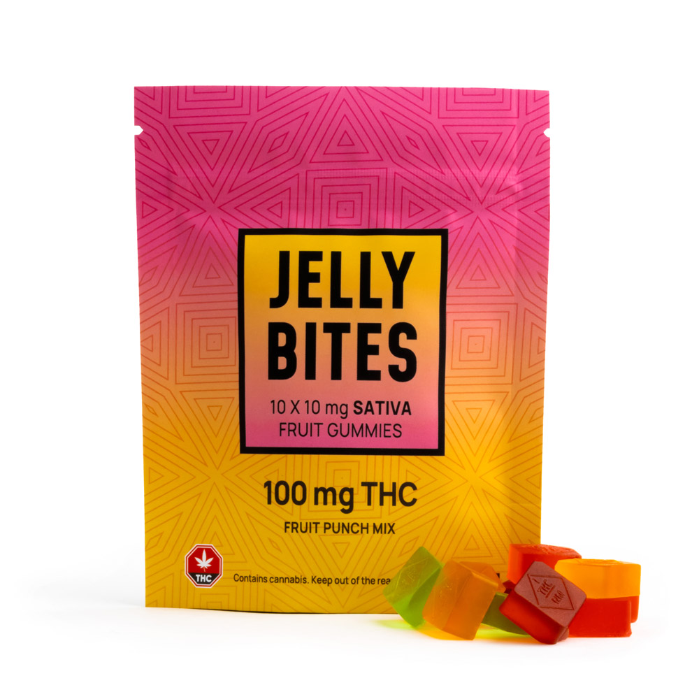 Package of Jelly Bites – Fruit Punch – Sativa – 100mg THC standing upright with six colorful fruit gummies displayed in front on a white background
