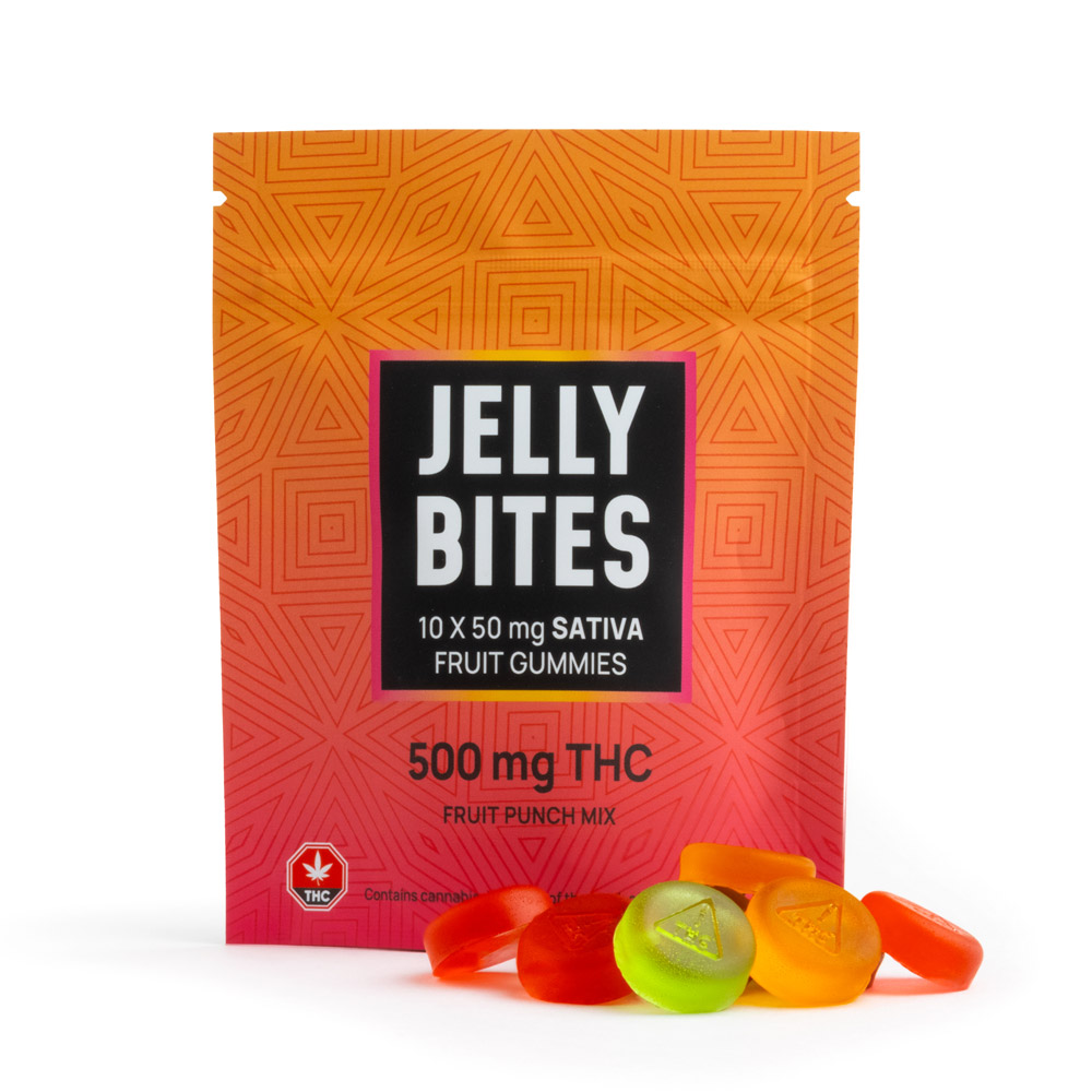 Package of Jelly Bites – Fruit Punch – Sativa – 500mg THC standing upright with six colorful fruit gummies displayed in front on a white background