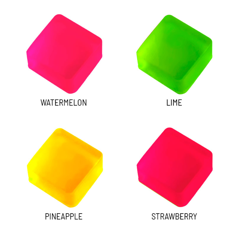 Close-up of four Jelly Bites gummies—Lime, Pineapple, Strawberry and Watermelon—each labeled and displayed on a white background