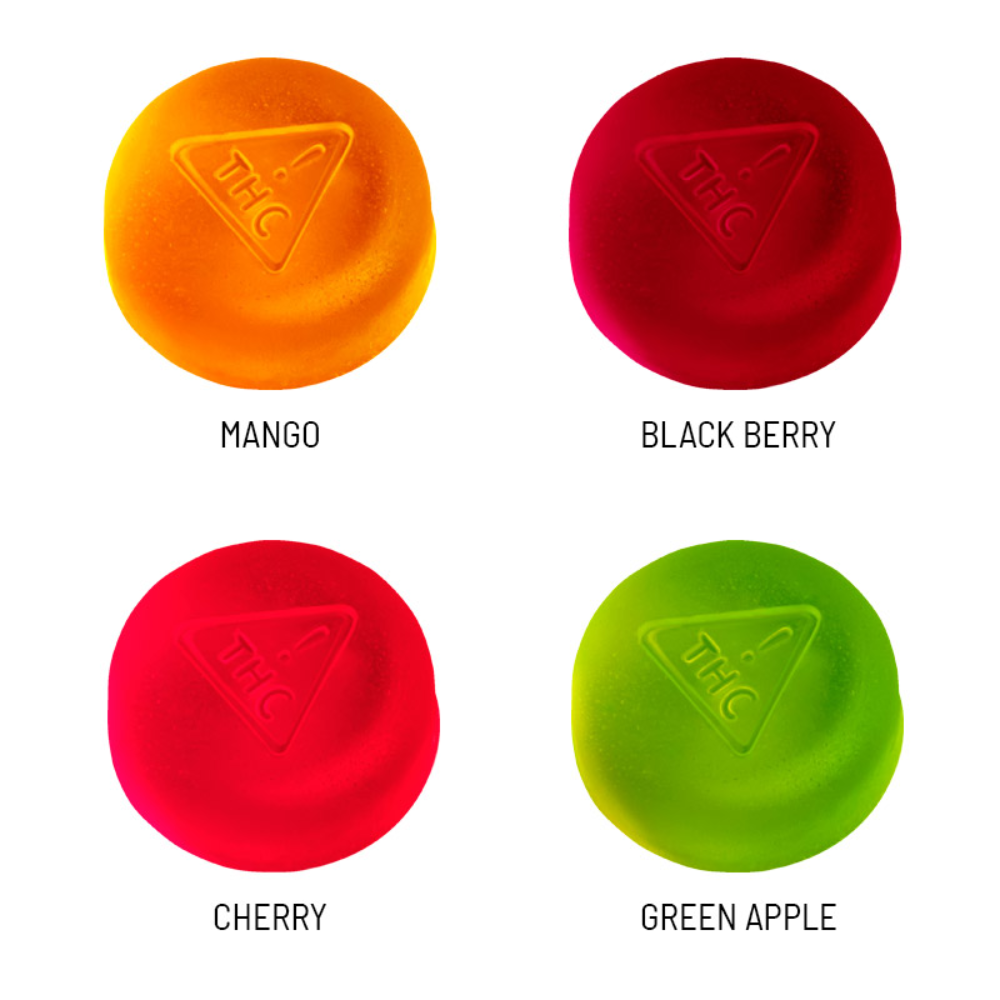 Close-up of four Jelly Bites gummies—Blackberry, Cherry, Green Apple, and Mango—each labeled and displayed on a white background