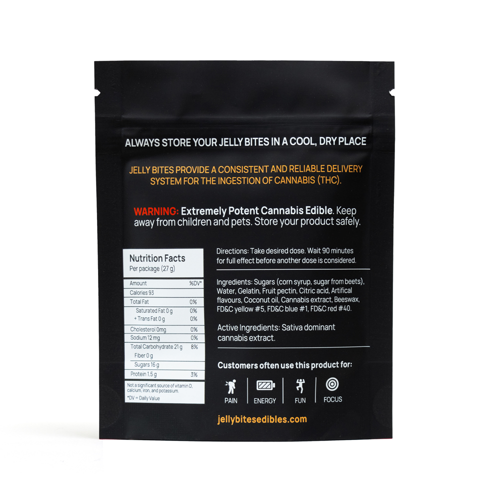 Close-up of the back of the Jelly Bites package, showing nutritional information, ingredients list, recommended uses, and dosage details on a white background