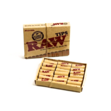 RAW Pre-Rolled Rolling Tips box displayed upright with a second box lying flat to reveal the tips inside, shown on a plain white background