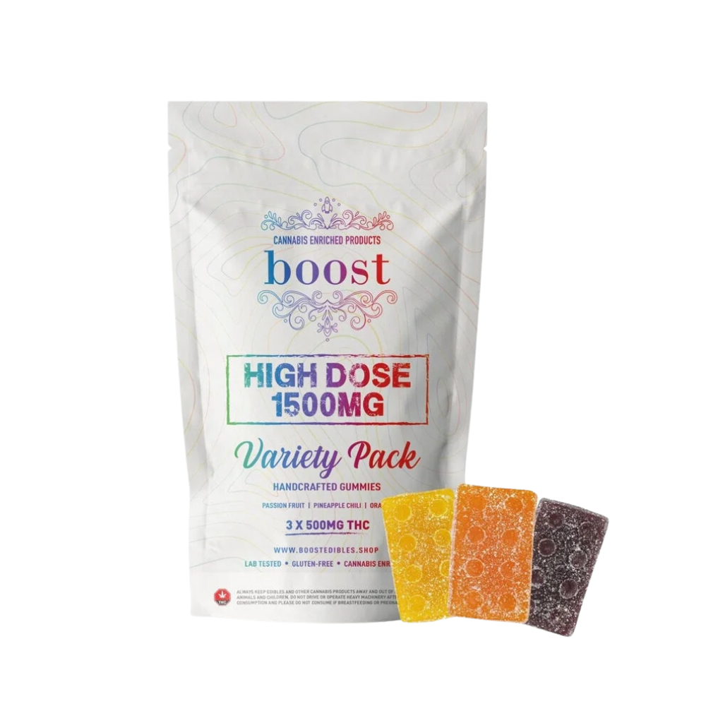 An image of a 1500mg THC marijuana gummy package with 3 gummies beside it on a white background