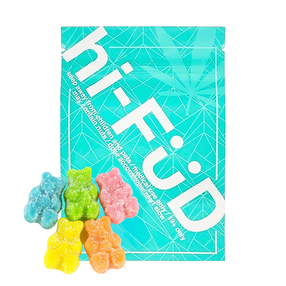 An image of THC hi-FÜD Gummy Bears showcasing the packaging and gummies