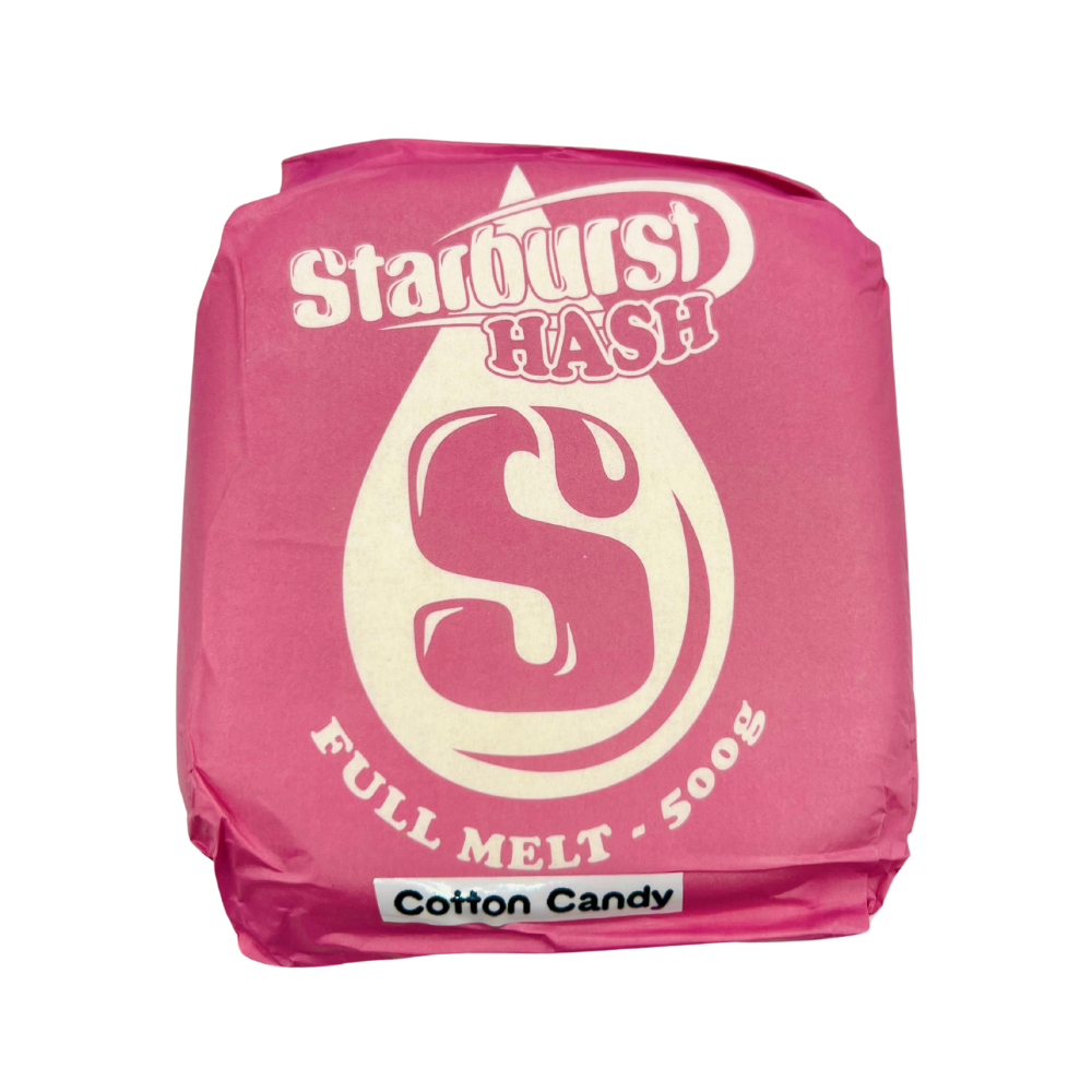 An image of Cotton Candy Full Melt Hash with a pink Starburst Wrapper on a white background