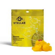 An image of Stellar Banana Gummies (2000mg THC per bag) featuring 10 high-dose edibles in a resealable space-themed package on a white background