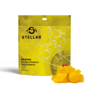 An image of Stellar Banana Gummies (2000mg THC per bag) featuring 10 high-dose edibles in a resealable space-themed package on a white background