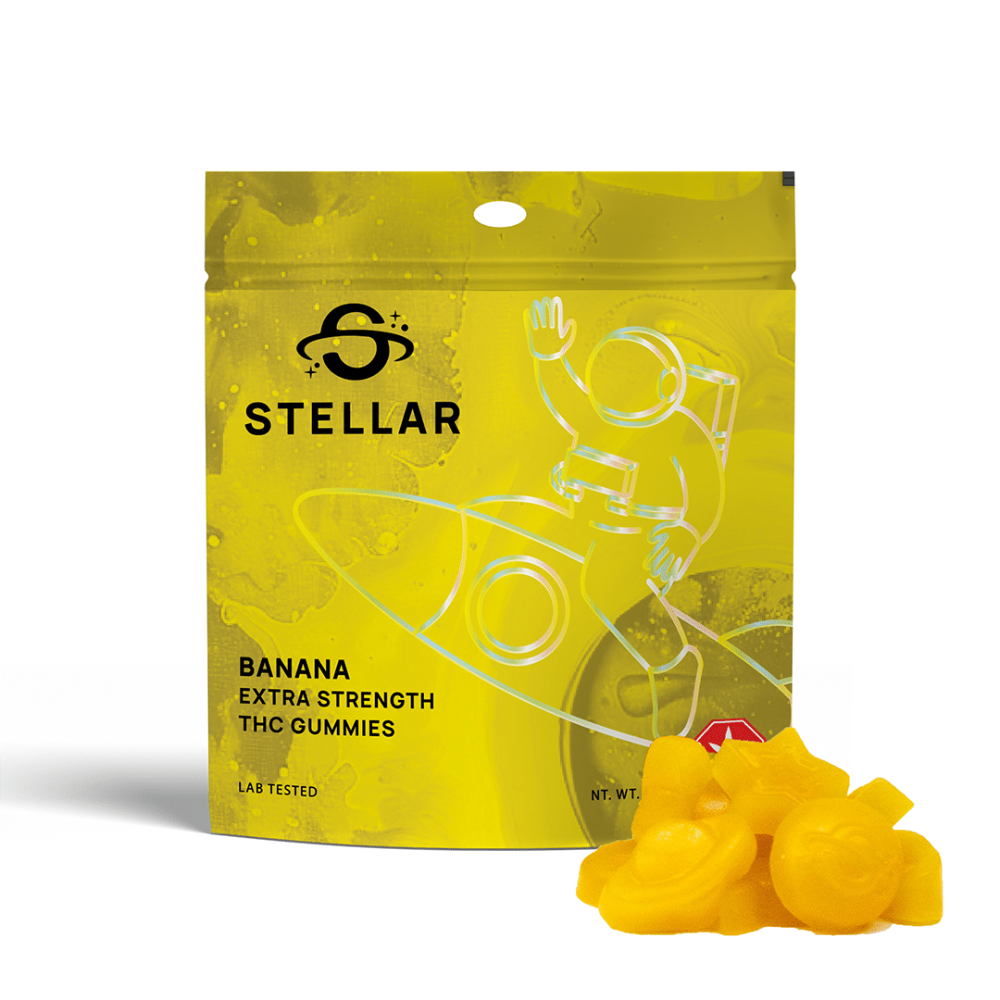 An image of Stellar Banana Gummies (2000mg THC per bag) featuring 10 high-dose edibles in a resealable space-themed package on a white background