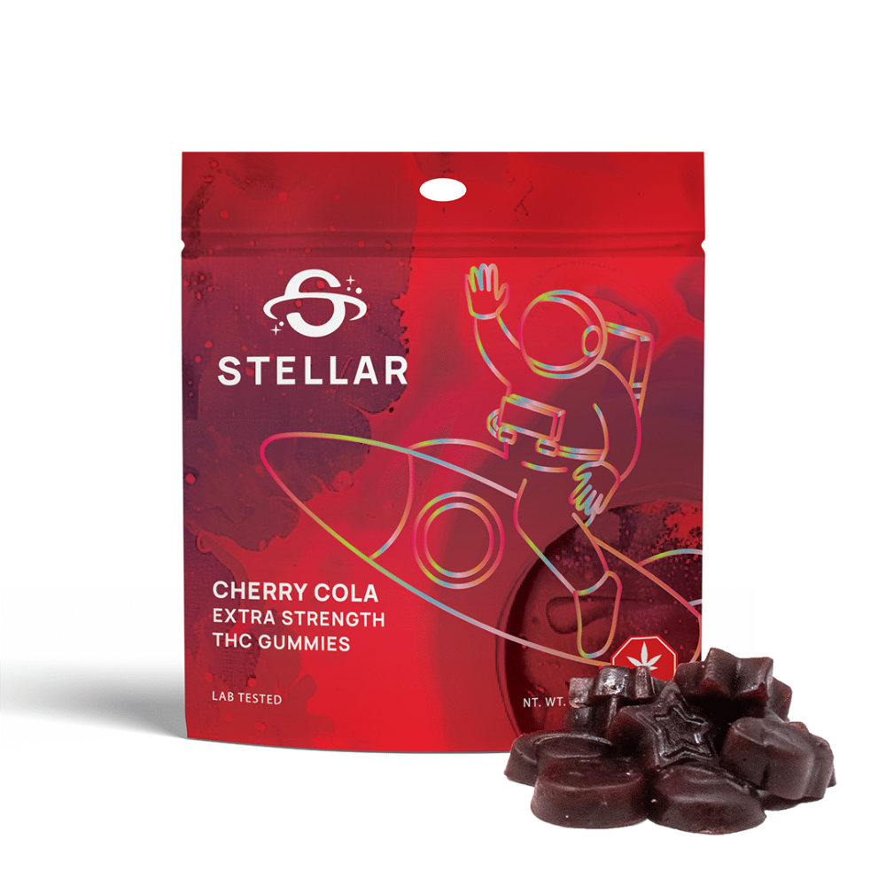 An image of Stellar Cherry Cola Gummies (2000mg THC per bag) featuring 10 high-dose edibles in a resealable space-themed package on a white background