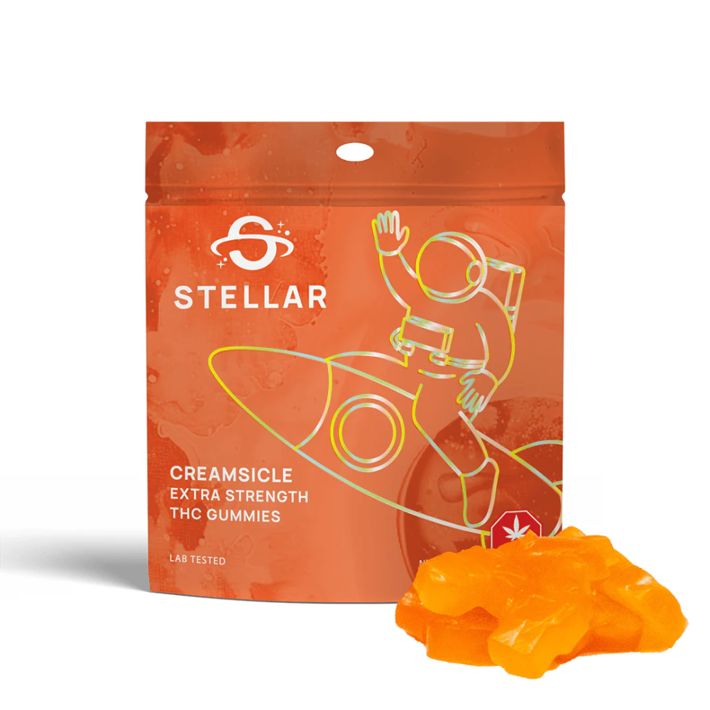 An image of Stellar Creamsicle Gummies (2000mg THC per bag) featuring 10 high-dose edibles in a resealable space-themed package on a white background