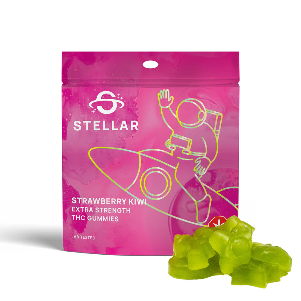 An image of Stellar Strawberry Kiwi Gummies (2000mg THC per bag) featuring 10 high-dose edibles in a resealable space-themed package on a white background