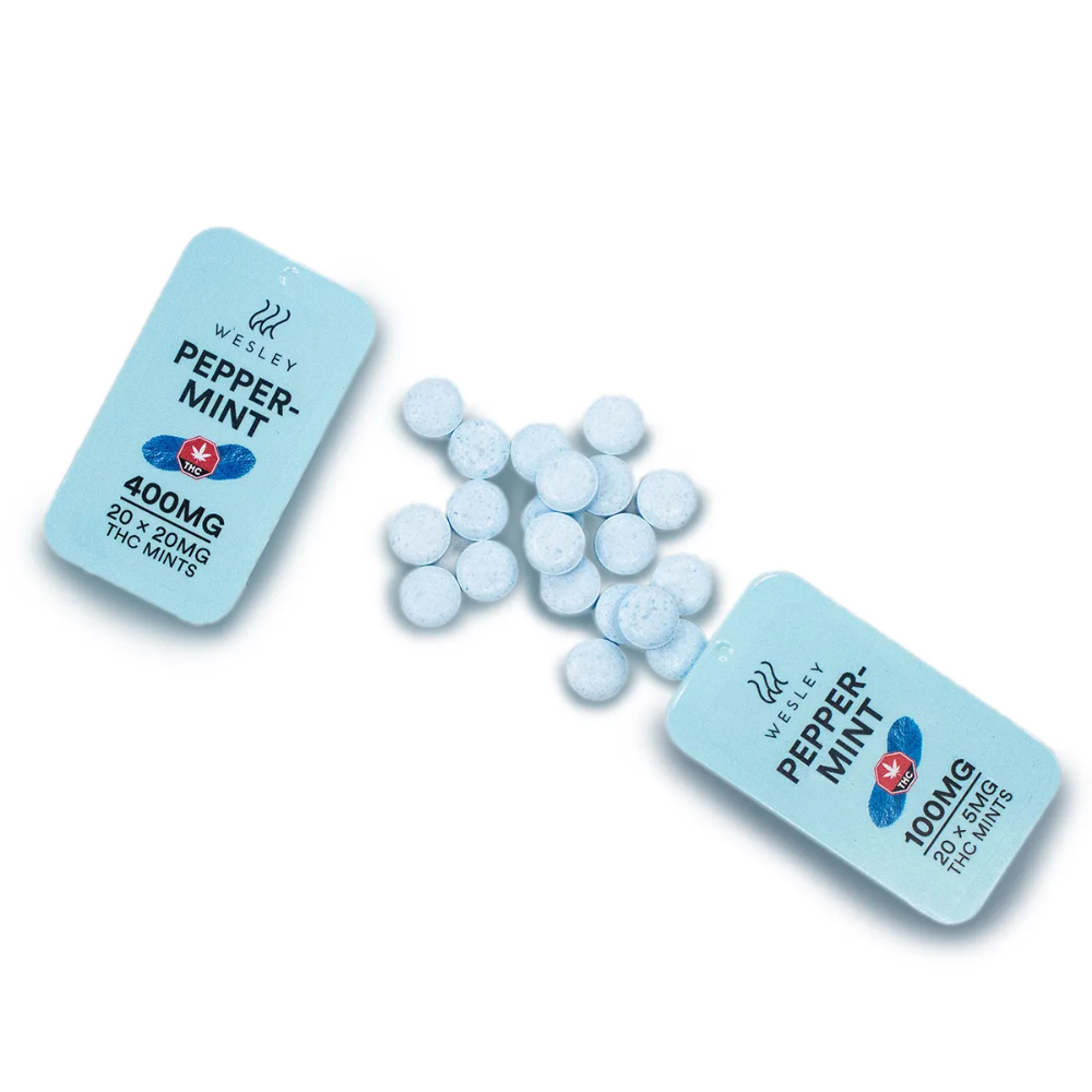 An image of Wesley - THC Peppermints with some spilled out to showcase the product on a white background