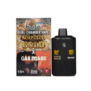Burn Extracts Dual Chamber Vape with Acapulco Gold and Gas Mask strains, showing the product box and vape pen standing upright on a white background