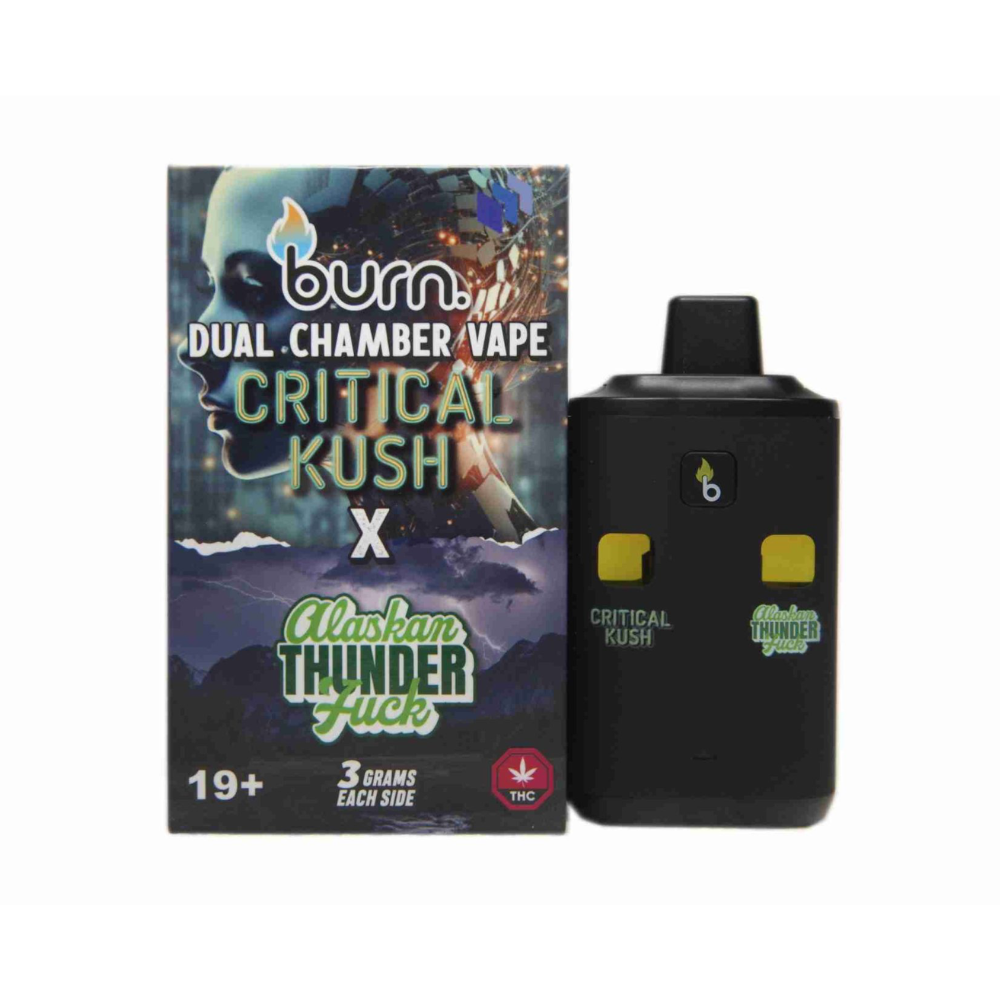 Burn Extracts Dual Chamber Vape with Critical Kush and Alaskan Thunder Fuck strains, showing the product box and vape pen standing upright on a white background