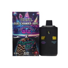 Burn Extracts Dual Chamber Vape with Ultra Violet OG and Memory Loss strains, showing the product box and vape pen standing upright on a white background