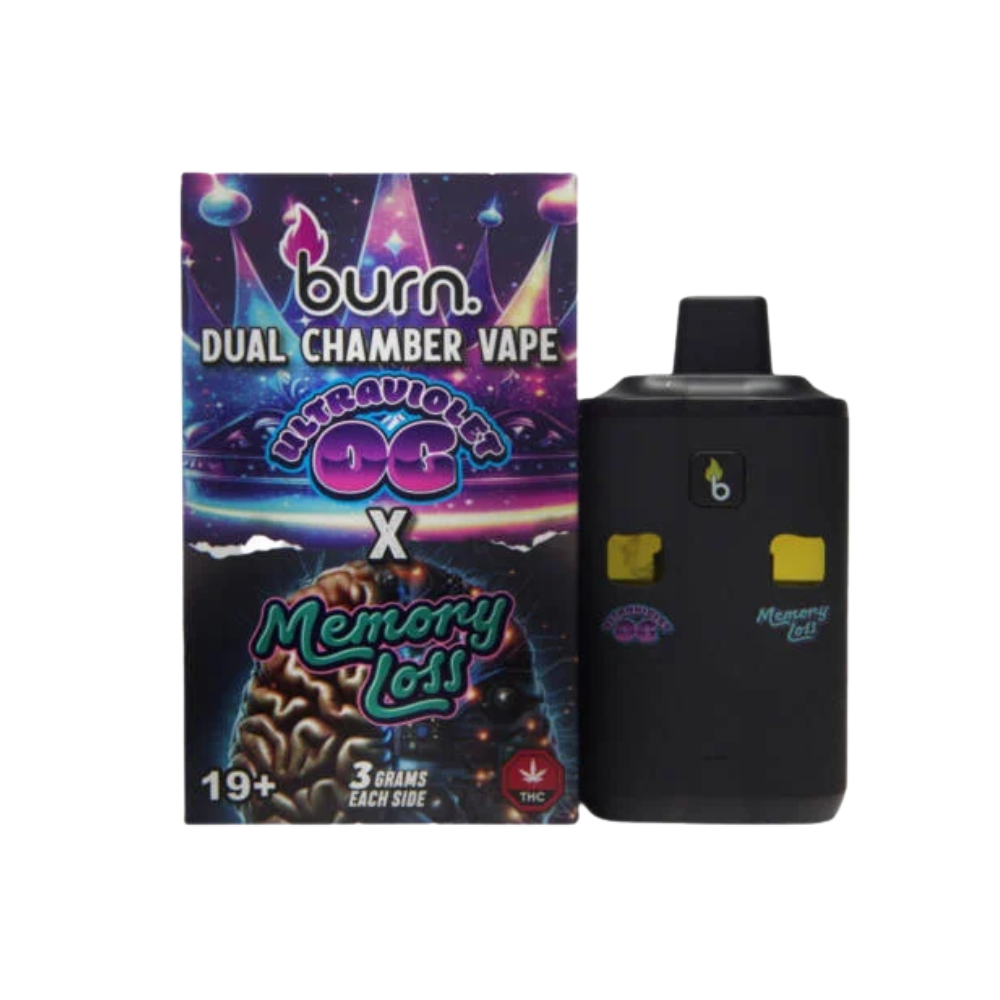 Burn Extracts Dual Chamber Vape with Ultra Violet OG and Memory Loss strains, showing the product box and vape pen standing upright on a white background