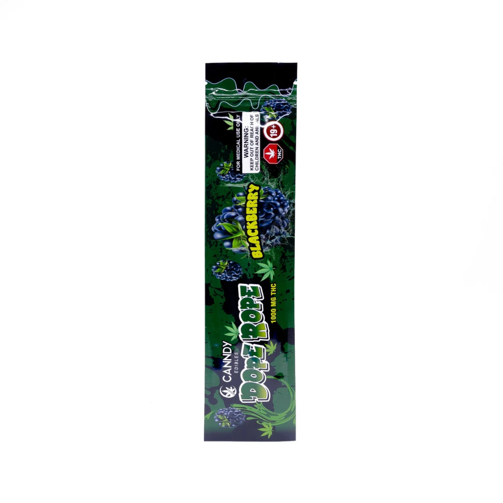 Black and green packaging of Canndy Edibles Dope Rope – Blackberry on a white background, featuring bold branding and THC content clearly displayed