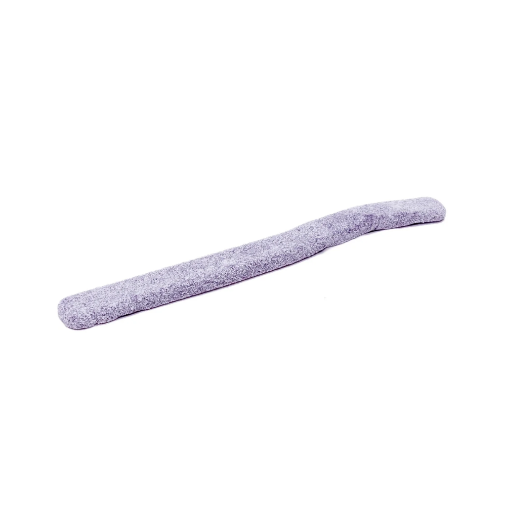 Unwrapped Sour Blackberry Dope Rope displayed on a white background, coated in visible sour sugar crystals for a tangy finish