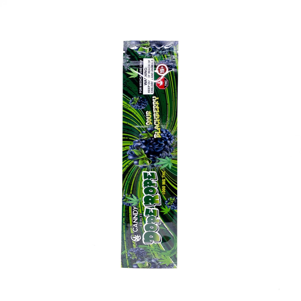 Black and purple packaging of Canndy Edibles Dope Rope – Sour Blackberry on a white background, highlighting the sour flavour and 1000mg THC label