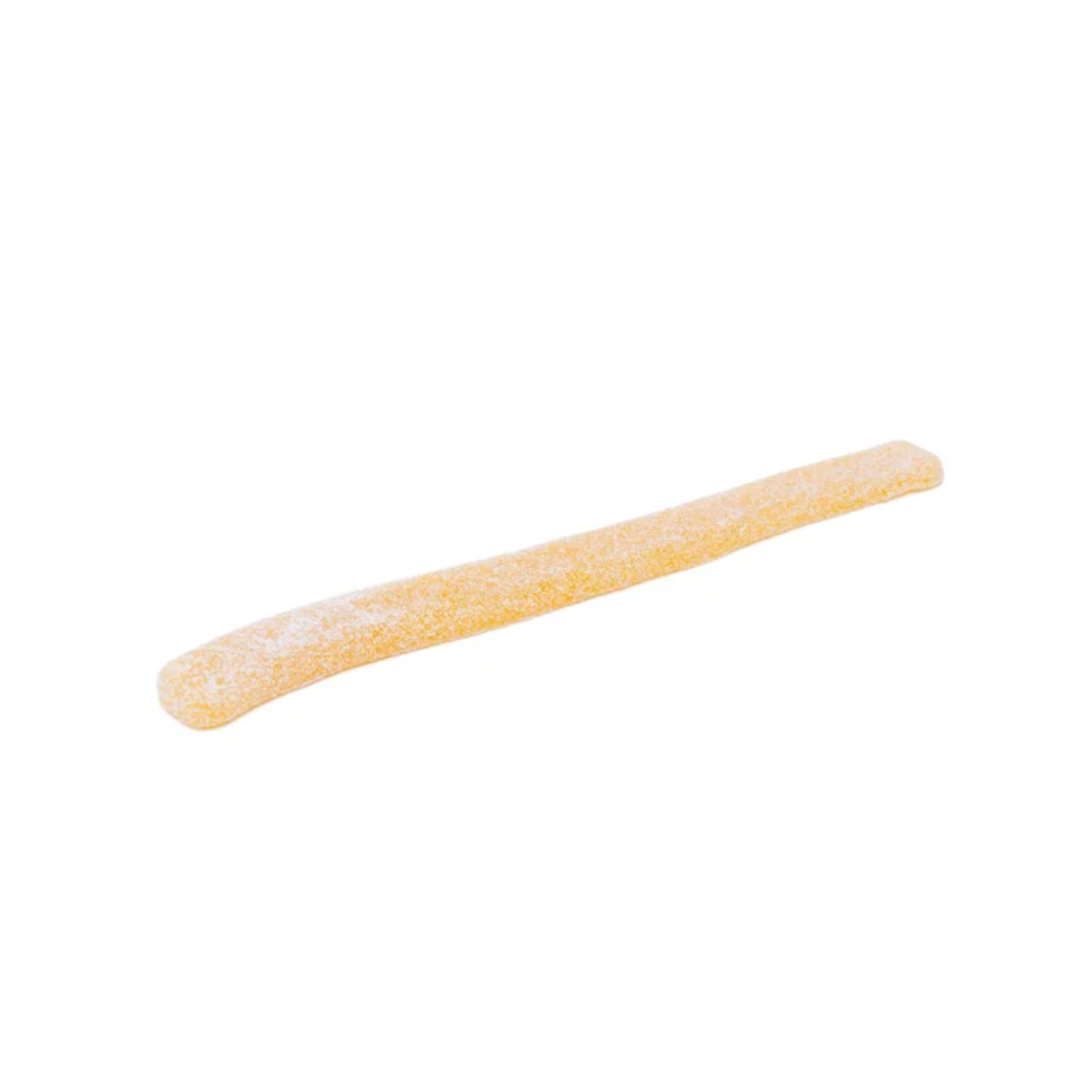 Unwrapped Sour Lemonade Dope Rope on a white background, featuring a yellow candy rope coated in sour sugar crystals for a zesty look