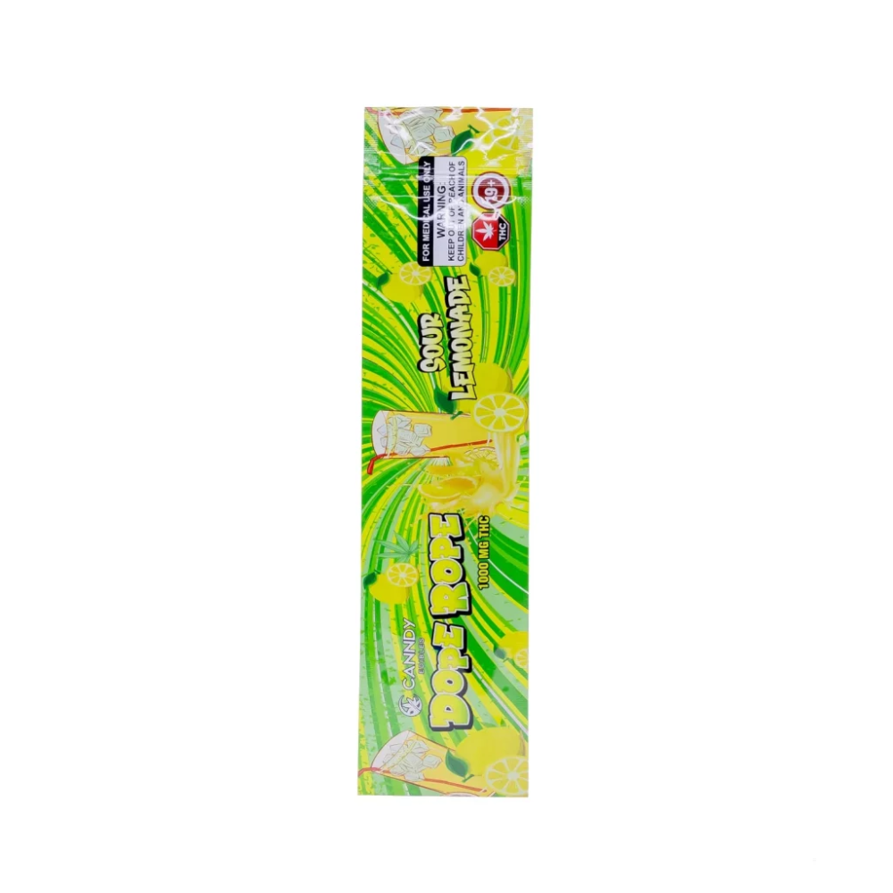 Green and yellow packaging of Canndy Edibles Dope Rope – Sour Lemonade on a white background, showcasing lemon-themed graphics and THC dosage