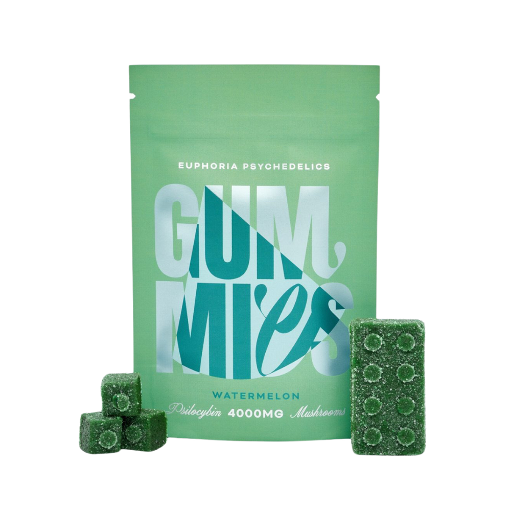Green Euphoria Psychedelics – Watermelon Psilocybin Gummies packaging shown on a white background, with one full sugar-coated Lego block on the right and three smaller stacked pieces from a second block displayed on the left to highlight dosage options