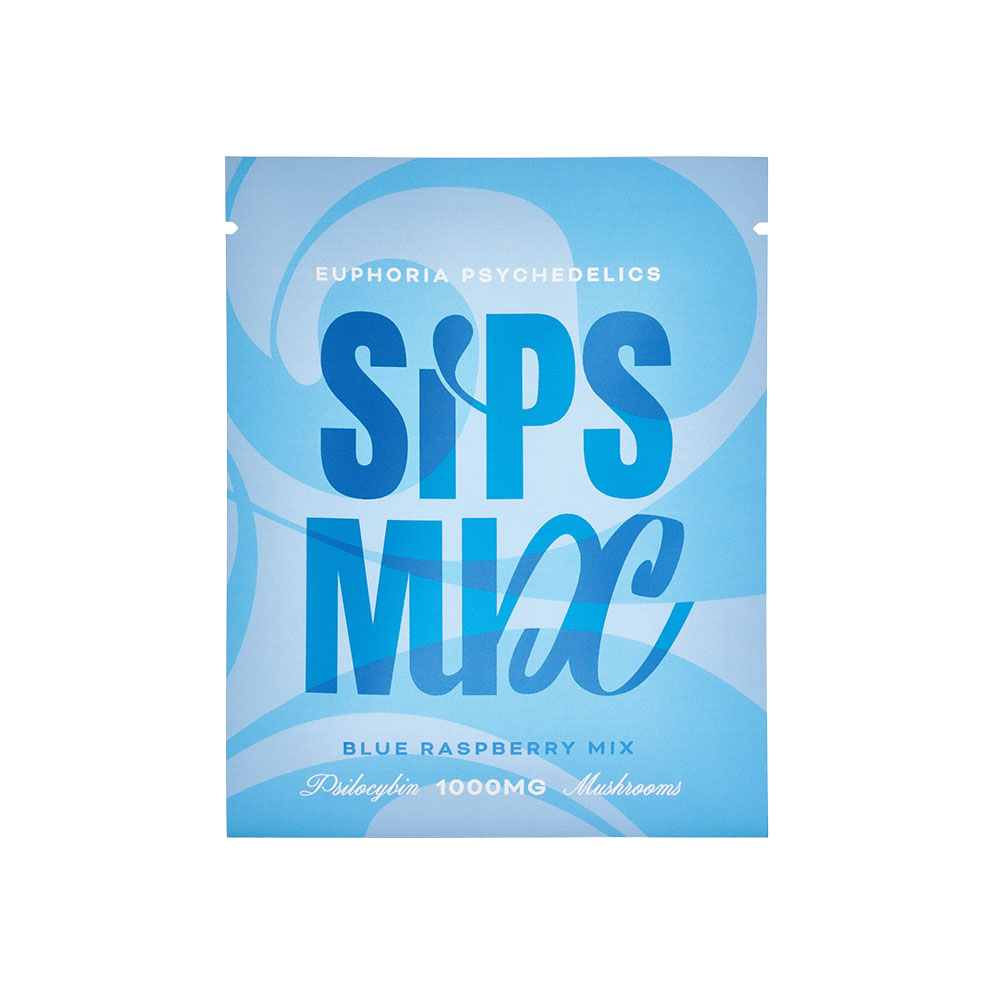 Blue packaging of Euphoria Psychedelics Blue Raspberry Sips Mix 1000mg shown on a white background