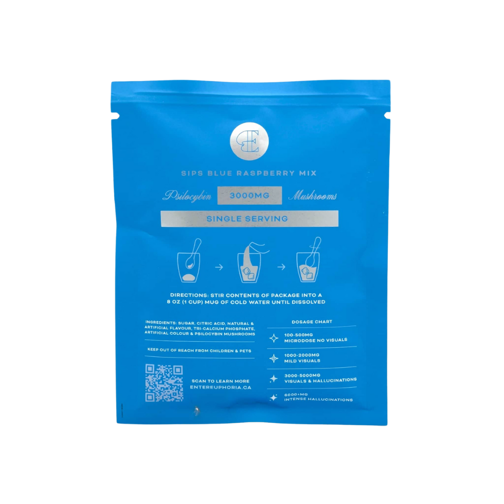 Back of Euphoria Psychedelics Blue Raspberry Sips Mix 3000mg packaging on a white background, displaying directions, dosage chart, and ingredients list