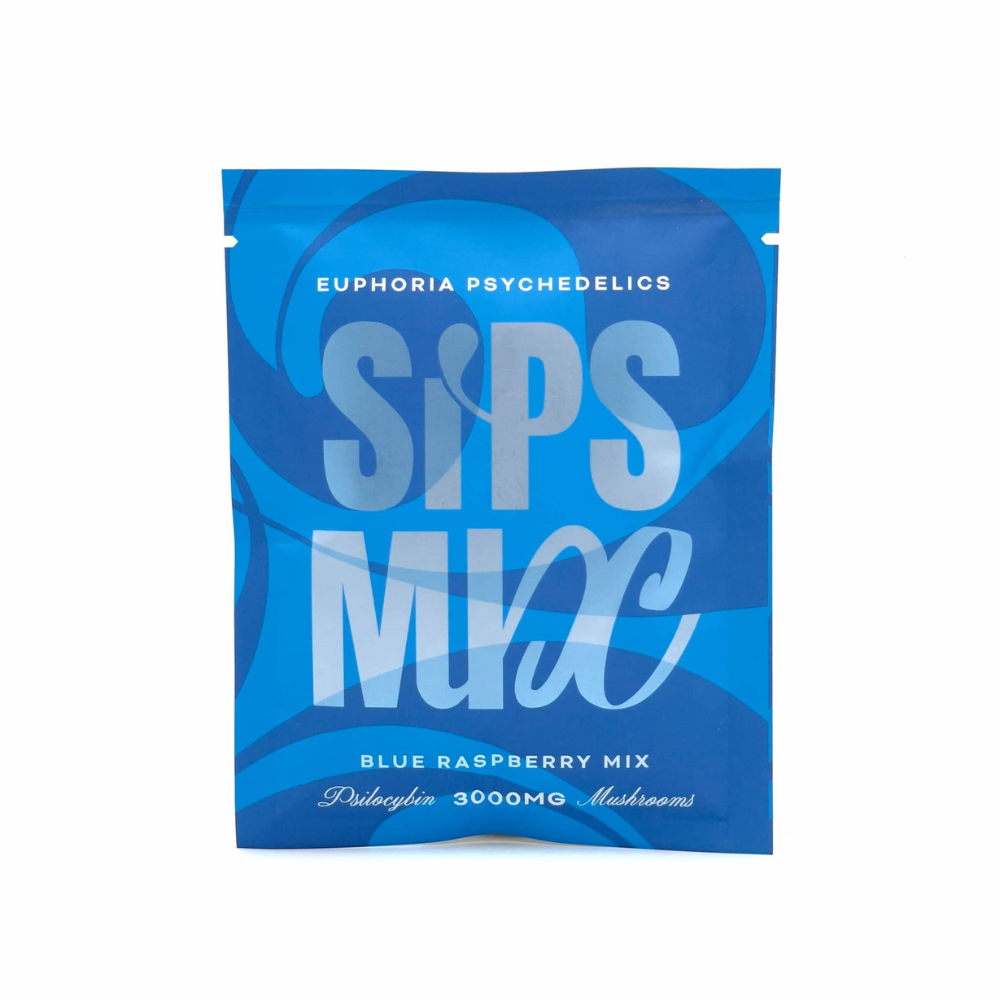 Blue packaging of Euphoria Psychedelics Blue Raspberry Sips Mix 3000mg shown on a white background