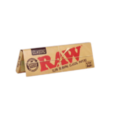 RAW Classic 1 1/4 Rolling Papers pack partially opened and positioned upright to show the front label, on a plain white background