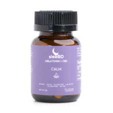 SleeBD - CBD Calm Capsules – purple glass bottle displayed on a white background, showing the product label clearly