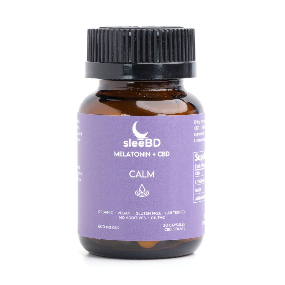SleeBD - CBD Calm Capsules – purple glass bottle displayed on a white background, showing the product label clearly