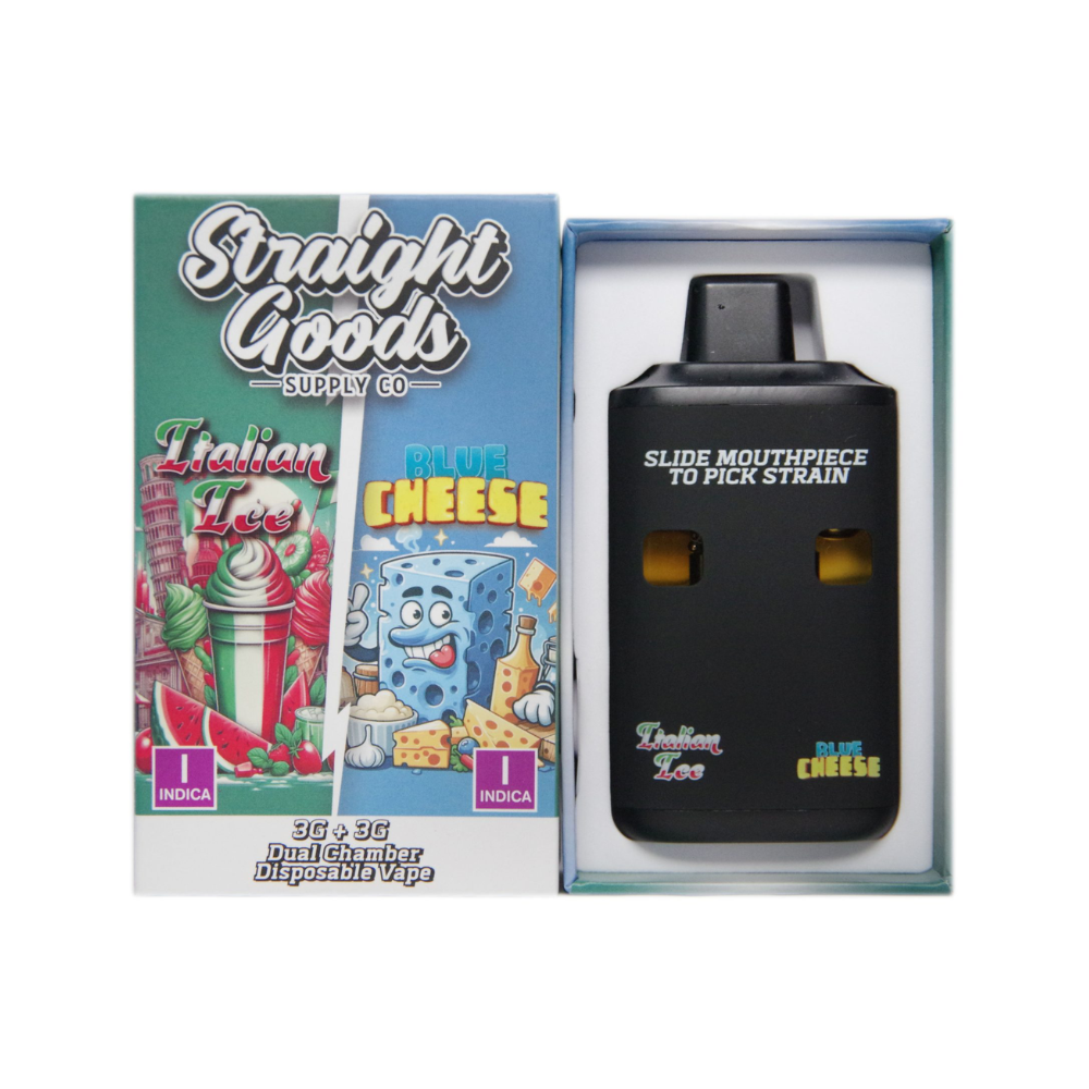 Straight Goods 6g Dual Chamber Vape with packaging – open box shown with lid beside it, displaying the vape pen and branded Italian Ice x Blue Cheese packaging on a white background