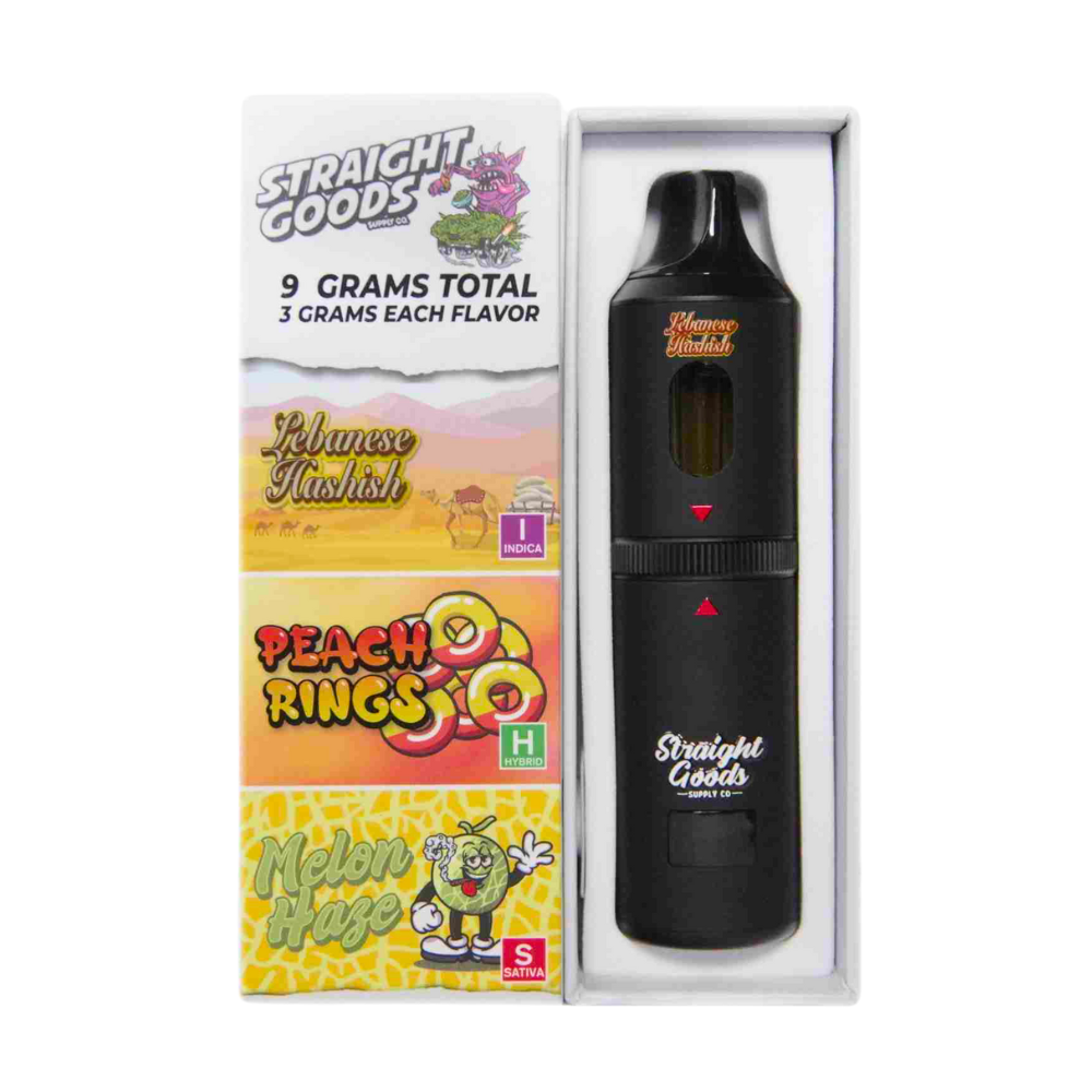 Straight Goods 9g Triple Chamber Vape with packaging – open box shown with lid beside it, displaying the vape pen and branded packaging on a white background