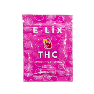 Close-up of the front of the E • Lix – Strawberry Lemonade packet showing bold pink and yellow graphics, product name in clean black font, and “30mg THC” clearly marked at the bottom