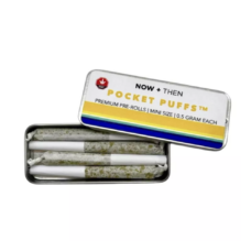 Now + Then Pocket Puffs Skywalker tin with lid partially open, revealing four 0.5g indica dominant pre rolls neatly arranged inside, displayed on a clean white background