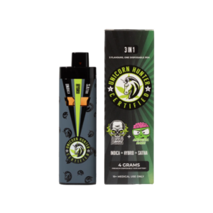 Unicorn Hunter - 4g Disposable THC Vape - Death Bubba x Amnesia Haze with 4 grams of Indica, Hybrid, and Sativa strains (Death Bubba x Amnesia Haze). The vape device is black with green accents and strain selector switch. The packaging box features the Unicorn Hunter logo, bold graphics, and product details highlighting the blend of Indica, Hybrid, and Sativa