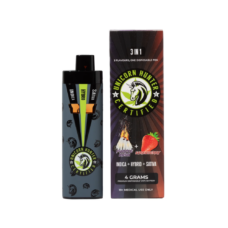Unicorn Hunter Certified 3-in-1 disposable THC vape pen with 4 grams of Indica, Hybrid, and Sativa strains (Purple Kush x Strawberry). The sleek black device includes a strain selector switch, and the packaging box displays the Unicorn Hunter logo with bold graphics and strain details